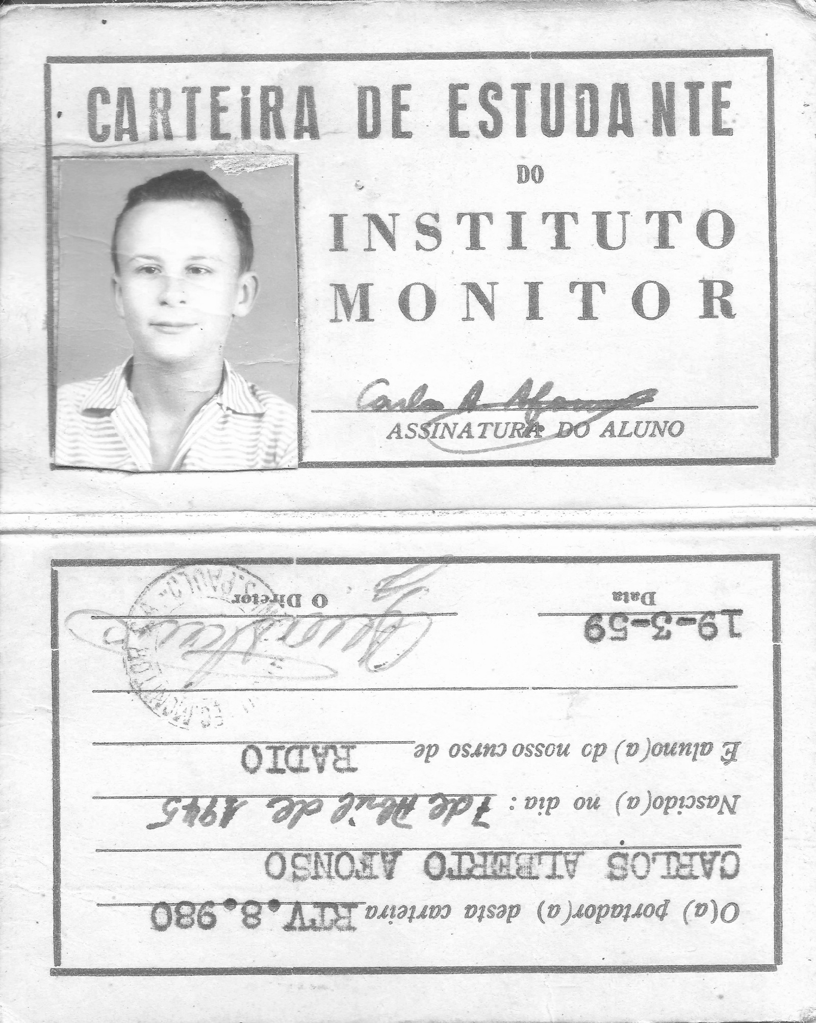 Carteira de estudante de técnico de rádio de Carlos Afonso, de 1959