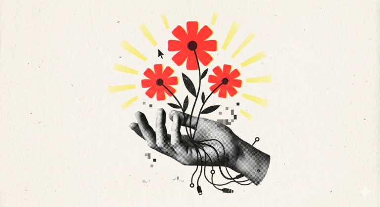 Mão em preto e branco sustenta flores vermelhas conectadas a cabos digitais, com linhas amarelas sobre fundo bege.