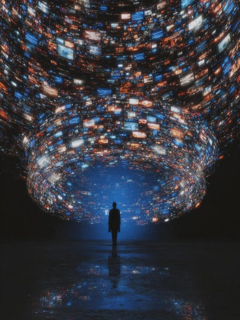Silhueta de uma pessoa no centro de um vasto espaço escuro, cercada por um enorme tornado circular feito de milhares de telas digitais brilhantes e luzes azuis e alaranjadas.